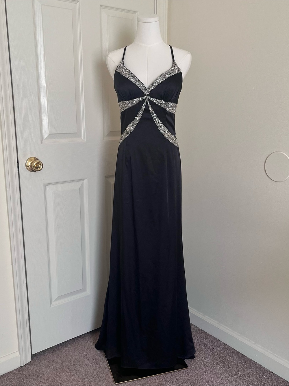 Vintage Y2K Sean Couture Black Beaded Backless Prom Dress Womens Size S Glam